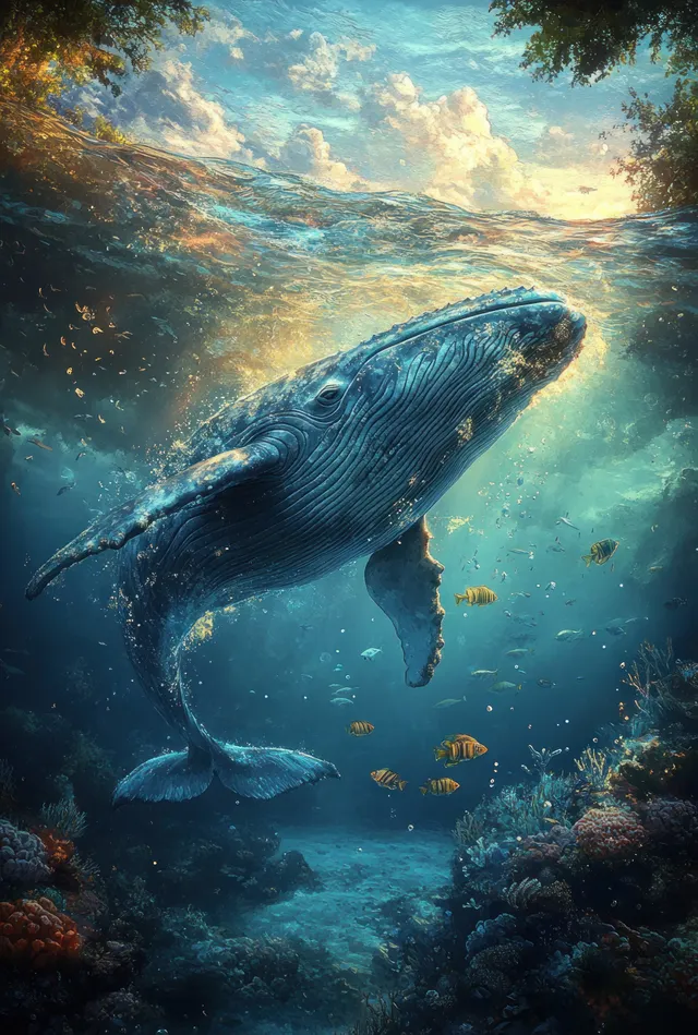 Watercolor blue whale swims beneath glowing waves over rocky ocean floor