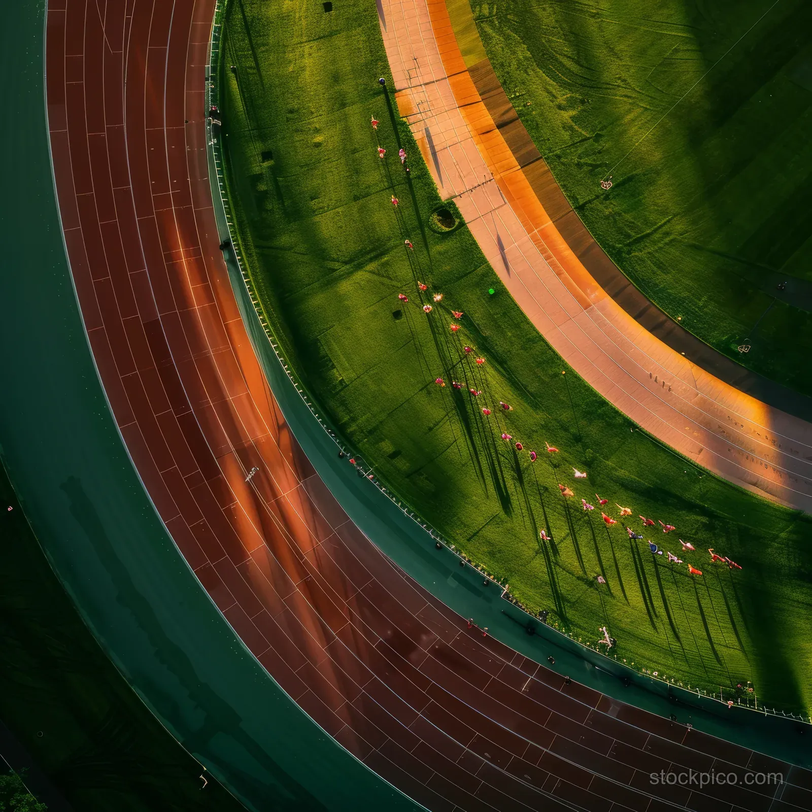 Overhead view shows runners on a curved stadium track under sunset light, with lane lines and field edges visible.