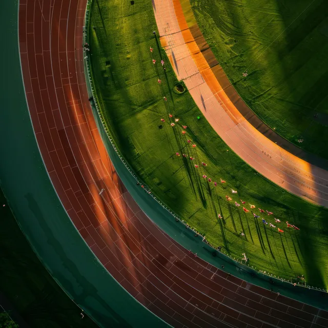 Overhead view shows runners on a curved stadium track under sunset light, with lane lines and field edges visible.