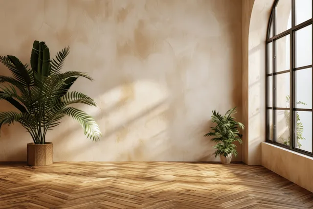 Minimalist living room corner with beige walls, wooden parquet floor, potted plants, and sunlight through an arched window.