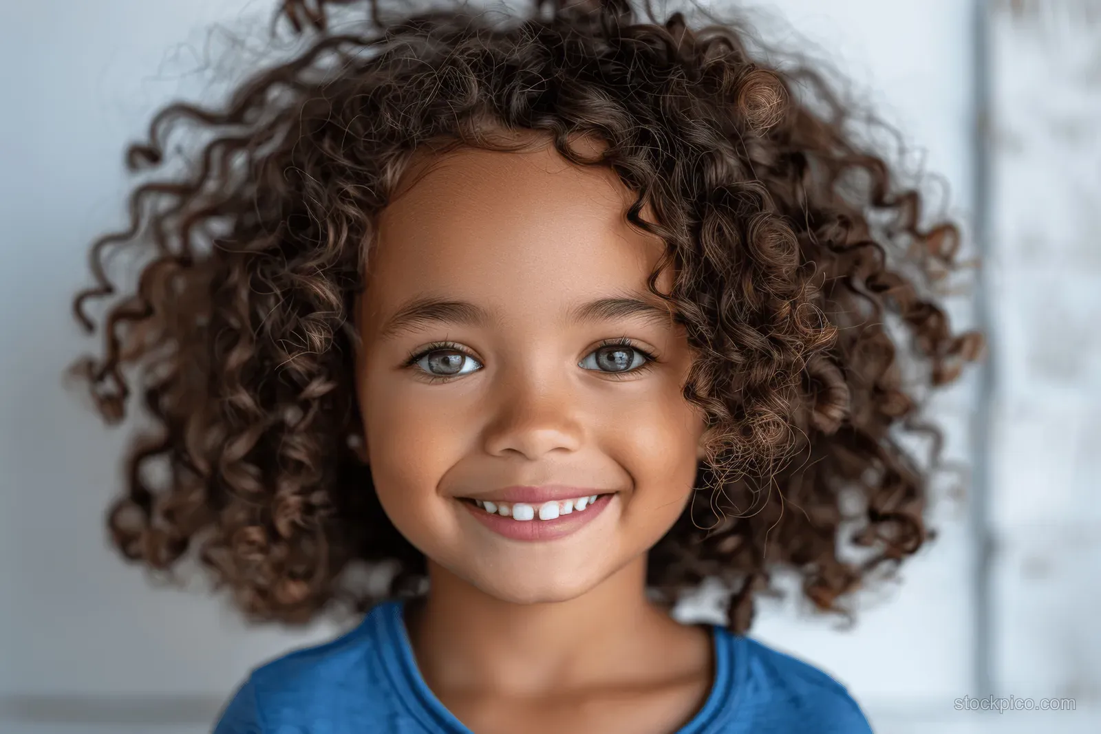 A curly-haired girl in a blue shirt laughs with a bright smile against a clean light background.