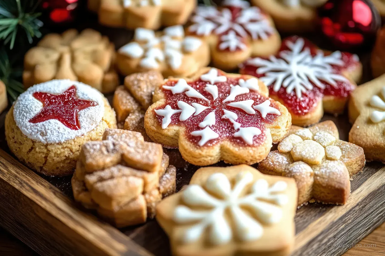Christmas cookies with star and snowflake icing arranged on a rustic wooden tray under warm light.