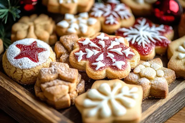 Christmas cookies with star and snowflake icing arranged on a rustic wooden tray under warm light.
