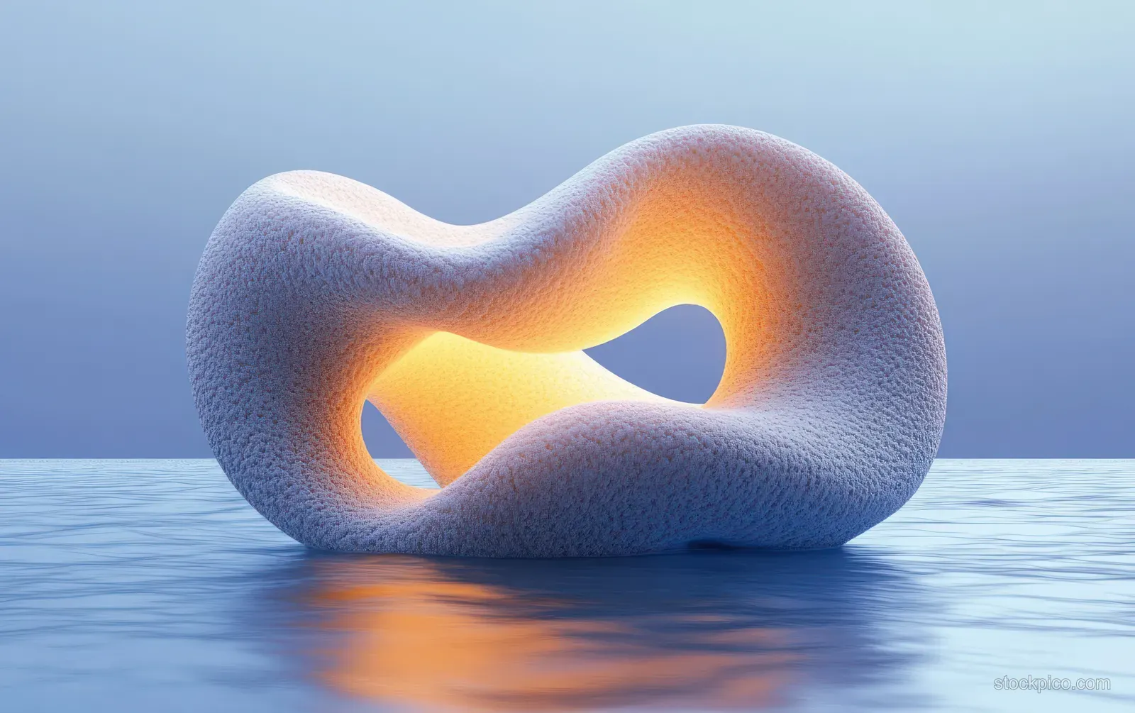 Warm-glowing abstract loop sculpture floats on calm water with reflections beneath a soft blue sky.