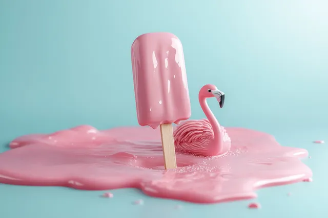 A melting pink popsicle stands over a glossy pink puddle with a small flamingo float beside it.
