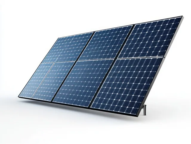 Angled solar panel array with blue photovoltaic cells on a small mount against a white background.