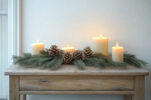 Pine branch centerpiece and four lit Christmas candles on a rustic wooden console table in a bright hallway.