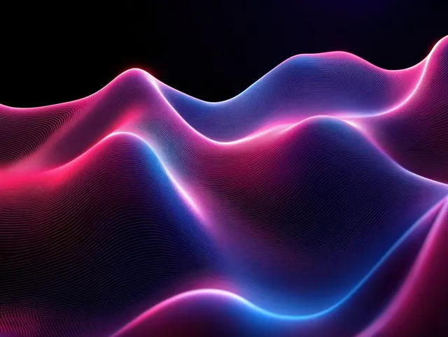 Pink and blue neon flowing wave lines undulate across a dark abstract background.