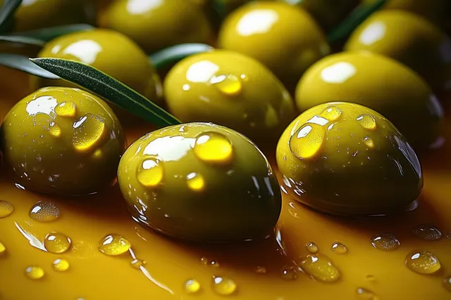 Green olives coated in oil with glossy droplets and a green leaf resting among them.