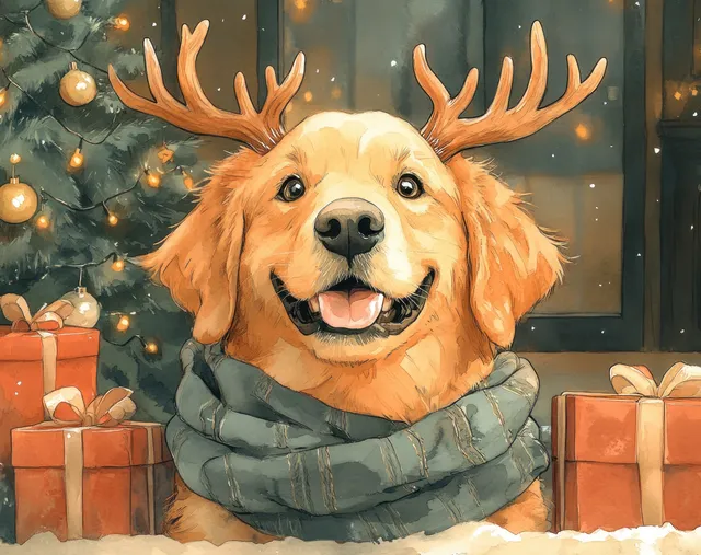 Golden Retriever wearing antlers and scarf beside glowing gifts in a cozy holiday room