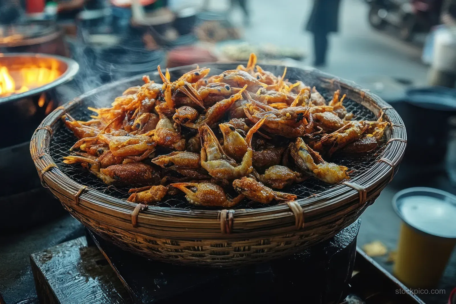 Fried frogs piled in a woven basket at a street food stall.