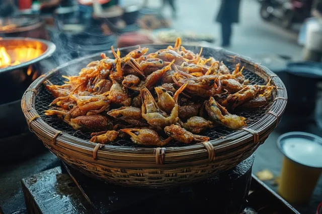 Fried frogs piled in woven basket at busy street stall