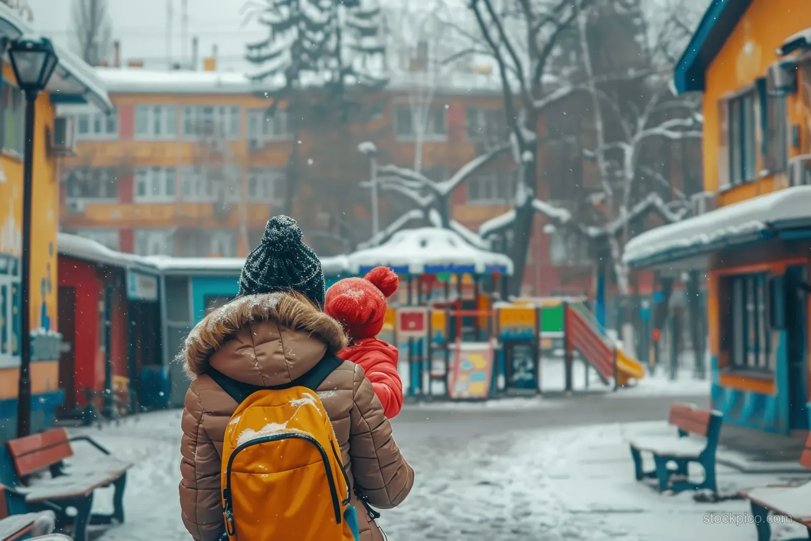 A mother holds her toddler’s hand near a snowy playground outside a colorful school building.