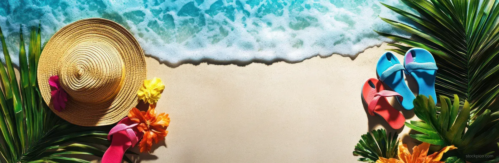 A straw hat and colorful flip-flops rest on sand beside tropical leaves with foamy waves in the background.
