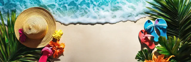 A straw hat and colorful flip-flops rest on sand beside tropical leaves with foamy waves in the background.