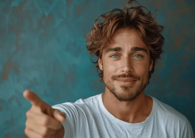 Confident man pointing toward camera against textured blue wall
