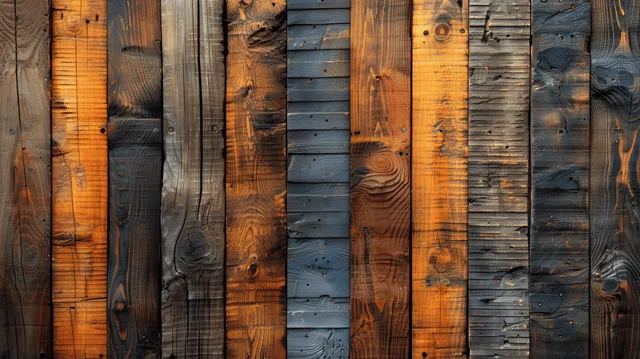 Vertical reclaimed wood planks in blue and orange tones with weathered grain and knots form a textured wall.
