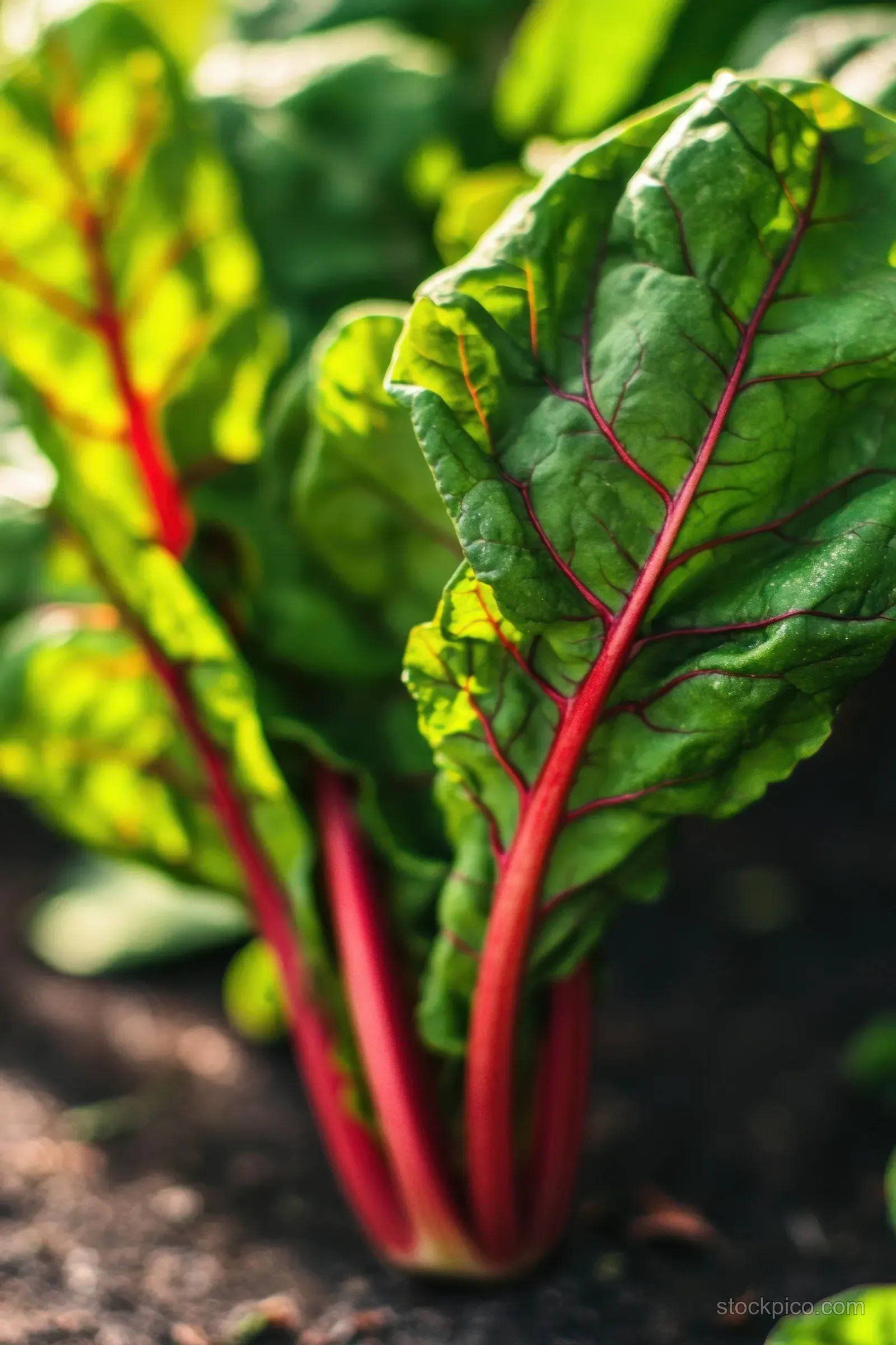 Red Swiss chard leaves with green stems glow in warm backlit sunlight against a blurred kitchen garden background.
