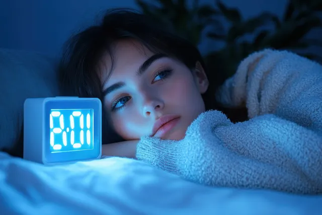 Una mujer desvelada descansa en la cama por la noche mientras un despertador brillante muestra la hora.