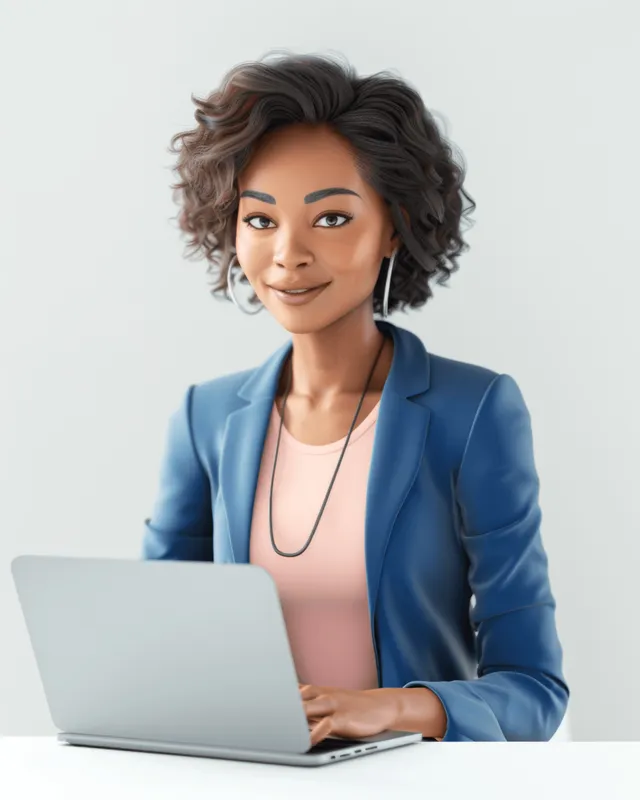 3D African American businesswoman seated on a bar stool typing on a laptop against a light background.