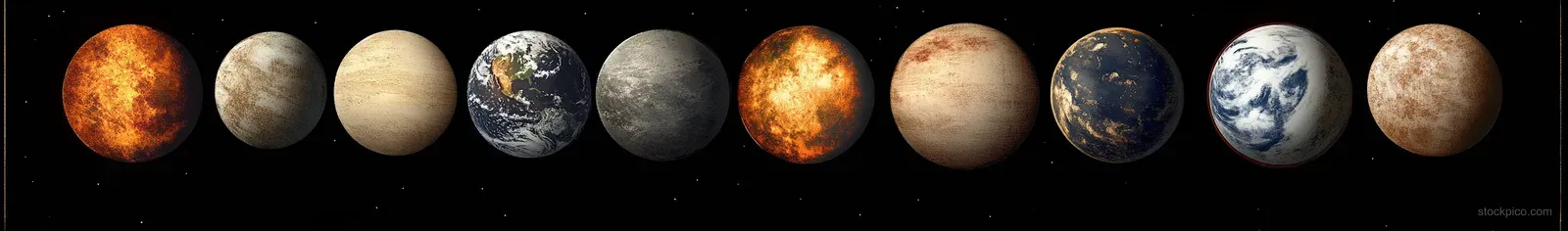 A horizontal lineup of diverse planets with varied textures and colors against a black starry background.