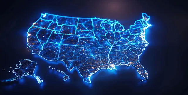 A 3D USA map glows in blue with bright connection lines over a dark grid background.