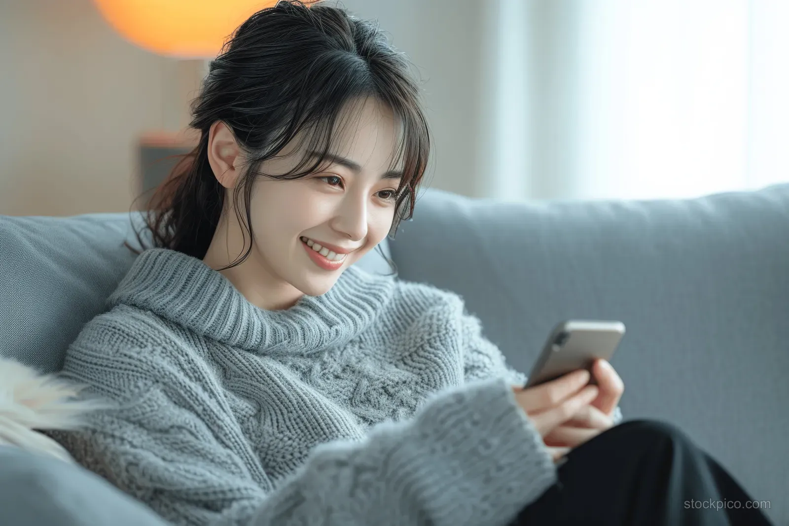 A Japanese woman lounges on a sofa and smiles while using a smartphone in natural window light.