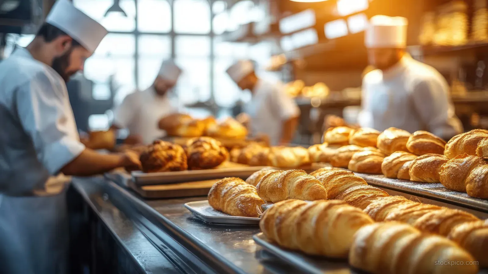 Bakers in white uniforms work in a bakery with trays of golden croissants under warm lighting.
