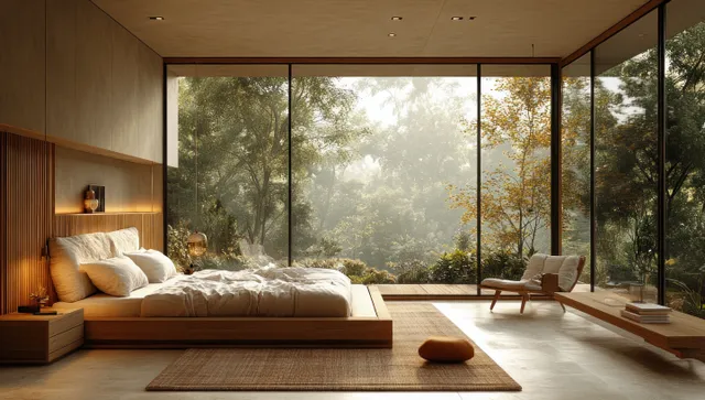 Scandinavian bedroom with a bed in front of large windows overlooking a sunlit garden.