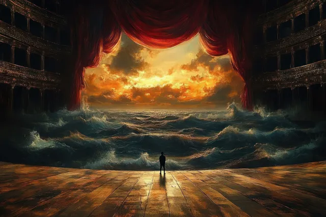 A lone silhouetted person stands on a theater stage facing crashing ocean waves framed by red curtains and fiery sunset light.