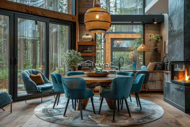A bright Scandinavian living room showcases a mint green sofa, wooden dining table, and a serene forest view through the window.