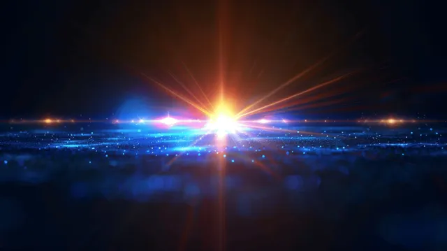 Blue lens flare and glowing rays burst from a bright center on a dark abstract night background.