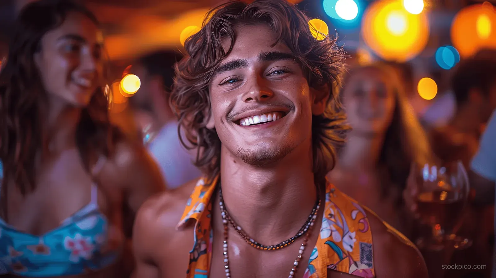 Curly-haired man dances in a neon-lit gay club while friends and colorful lights blur behind him.