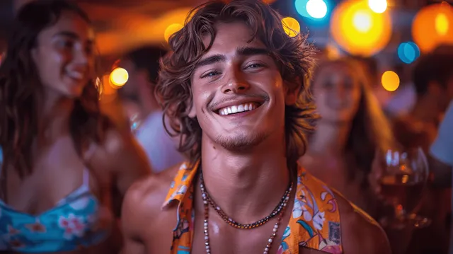 Curly-haired man dances in a neon-lit gay club while friends and colorful lights blur behind him.