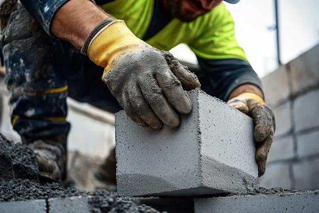 Gloved hands carefully place a gray concrete block onto cement mortar at an outdoor building site.