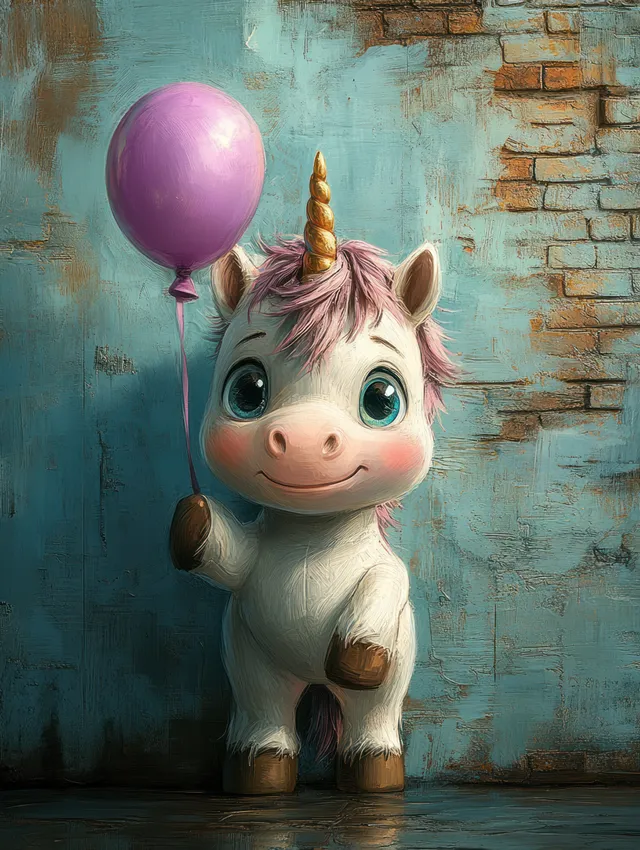 Whimsical unicorn cub holding a pastel balloon beside a textured brick wall