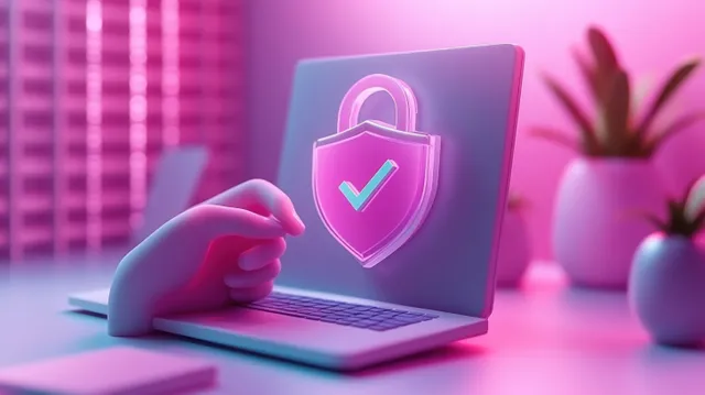A hand hovers over a laptop showing a shield padlock with a checkmark in a neon privacy scene.