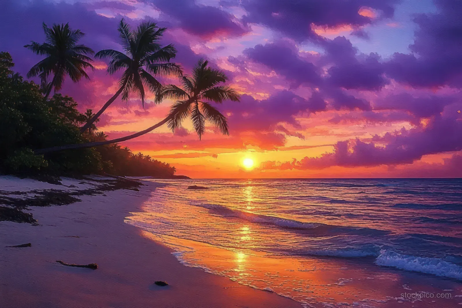 Palm trees overlook a tropical beach at sunset with purple clouds, glowing water, and gentle waves.