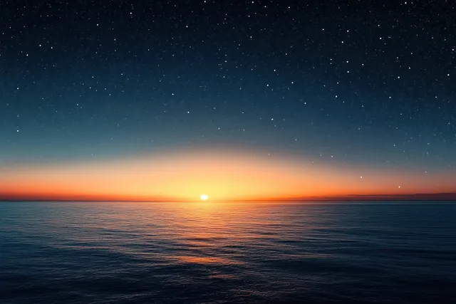 Twilight ocean horizon with calm waves and a star-filled sky over distant mountain silhouettes.