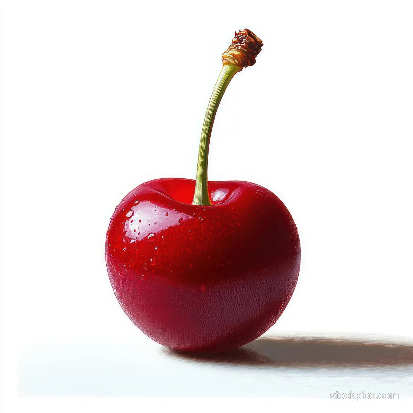 Single ripe red cherry with a green stem and water droplets on a white background with a soft shadow.
