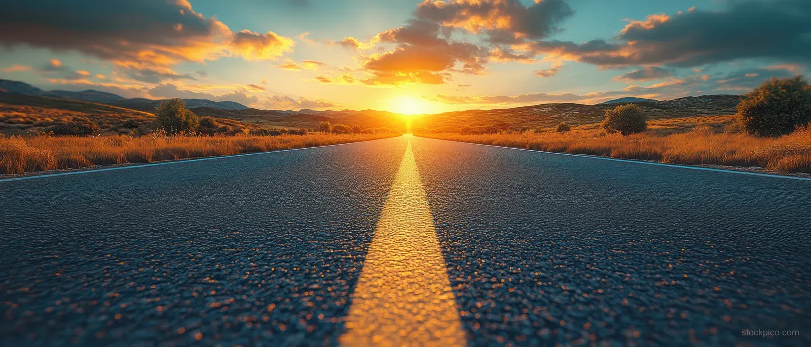 A young woman drives a car on a countryside road as the sun sets over the landscape.