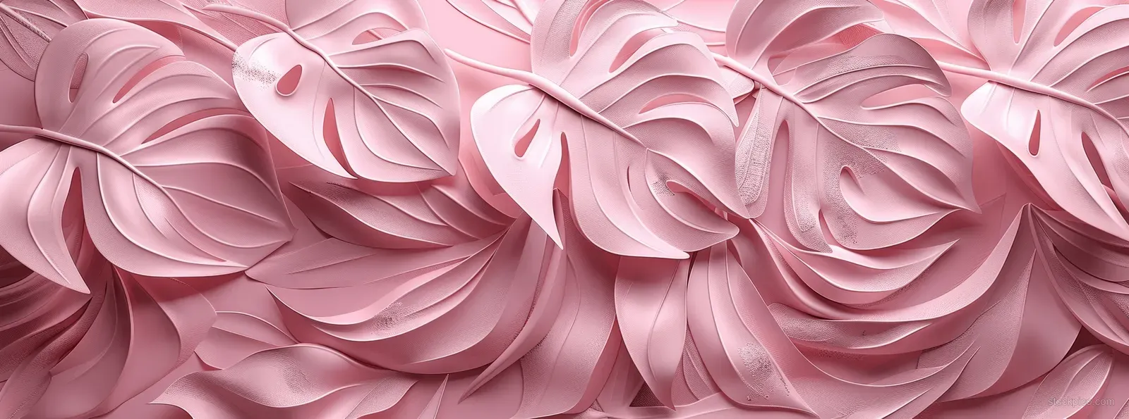 Pink monstera leaves arranged as an abstract floral wallpaper with soft wavy lines and textured highlights.