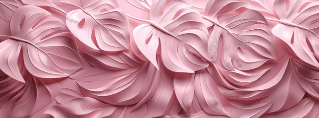 Pink monstera leaves arranged as an abstract floral wallpaper with soft wavy lines and textured highlights.