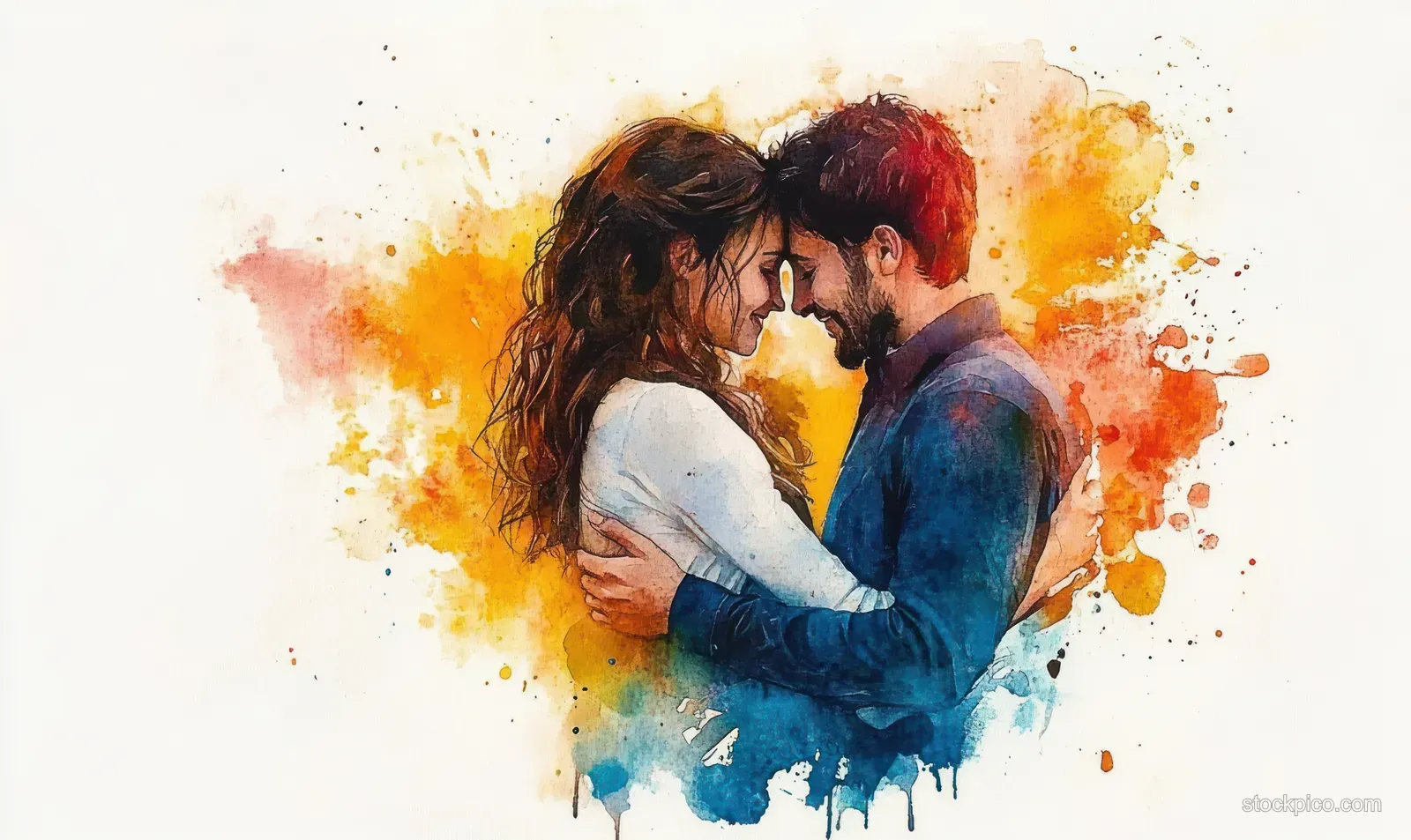 A couple hugs tightly in the center with colorful watercolor splashes behind them.