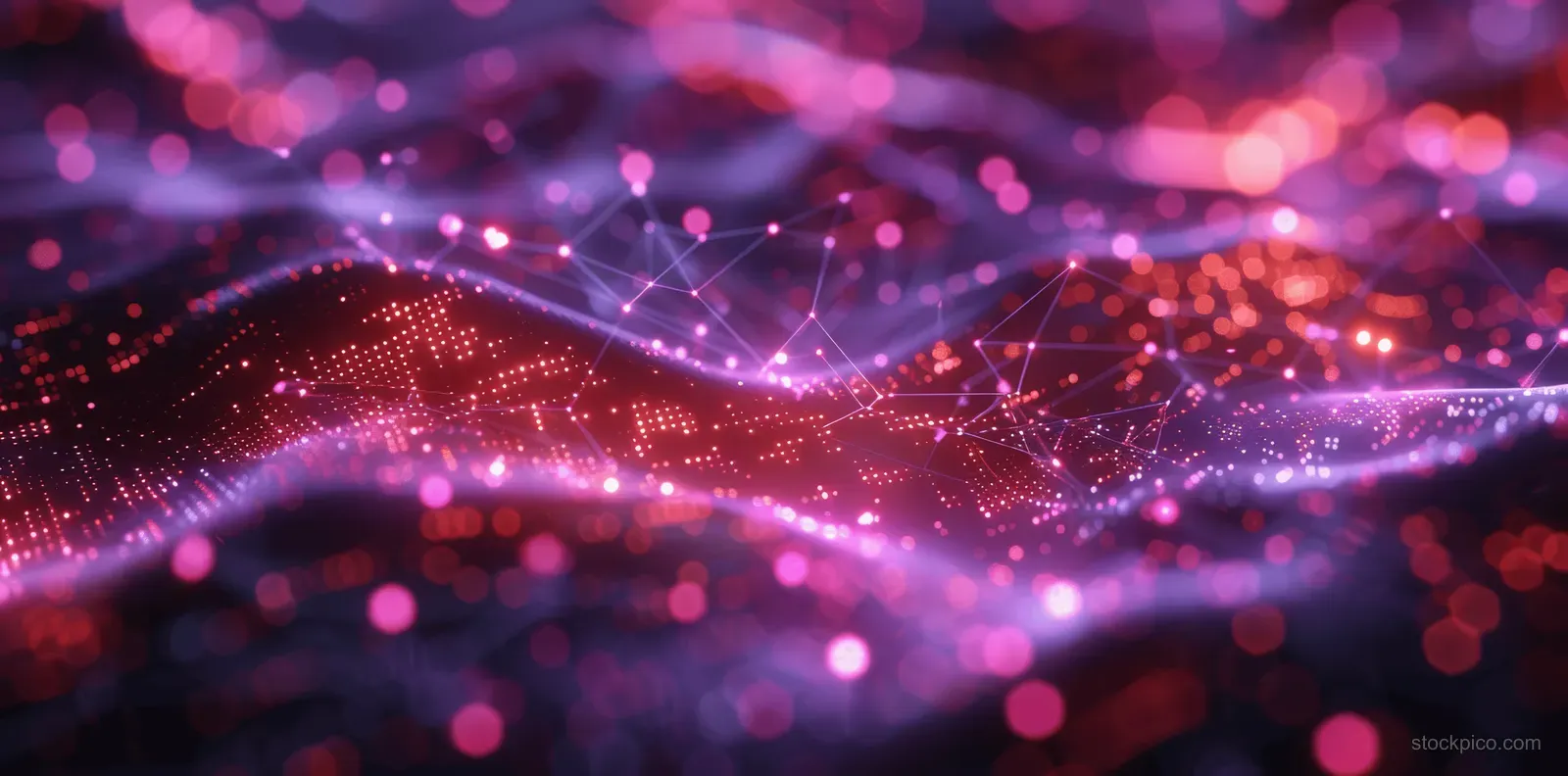 Neon abstract waves of connected dots and lines on a dark background.