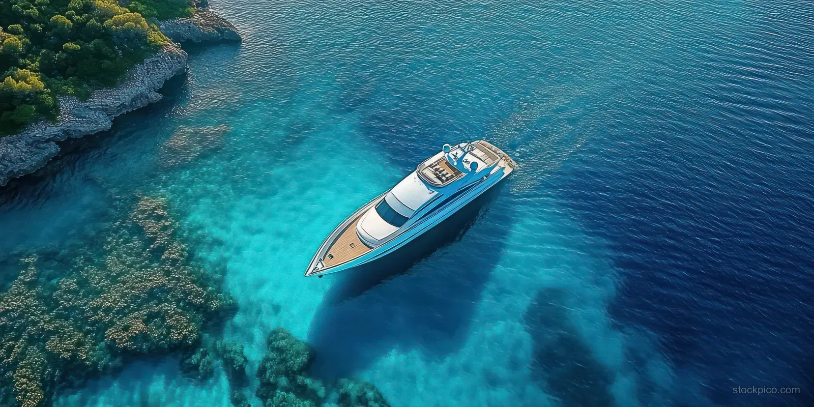 Luxury Yacht at Anchor Off a Rocky Turquoise Coast (Aerial View)