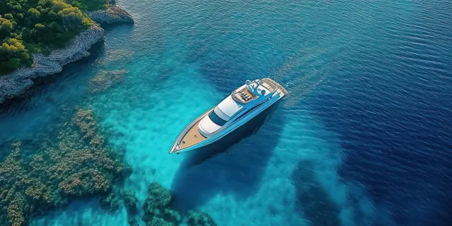 Luxury Yacht at Anchor Off a Rocky Turquoise Coast (Aerial View)