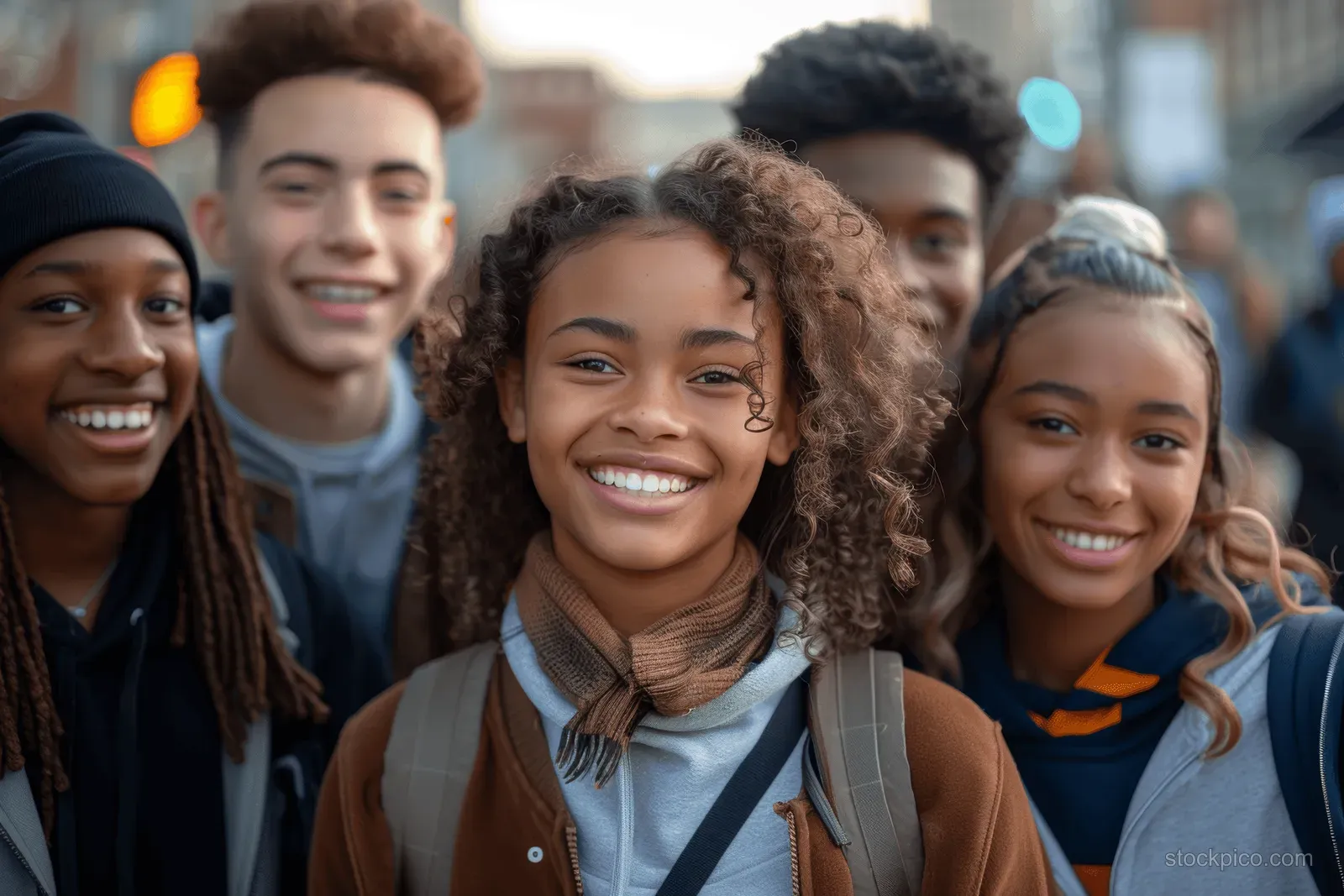 Diverse teenagers smile at the camera outdoors, wearing casual outfits and backpacks on a city street.