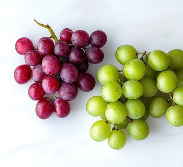 Red and green grapes arranged on white background, New Year-style still life