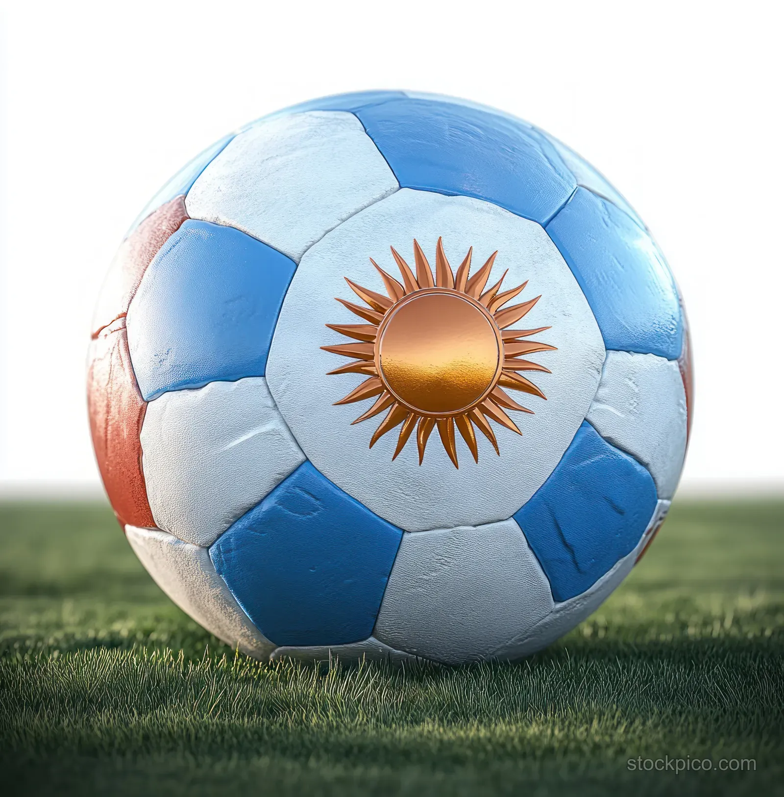 Glossy Argentina-flag soccer ball with the sun emblem resting on green grass.